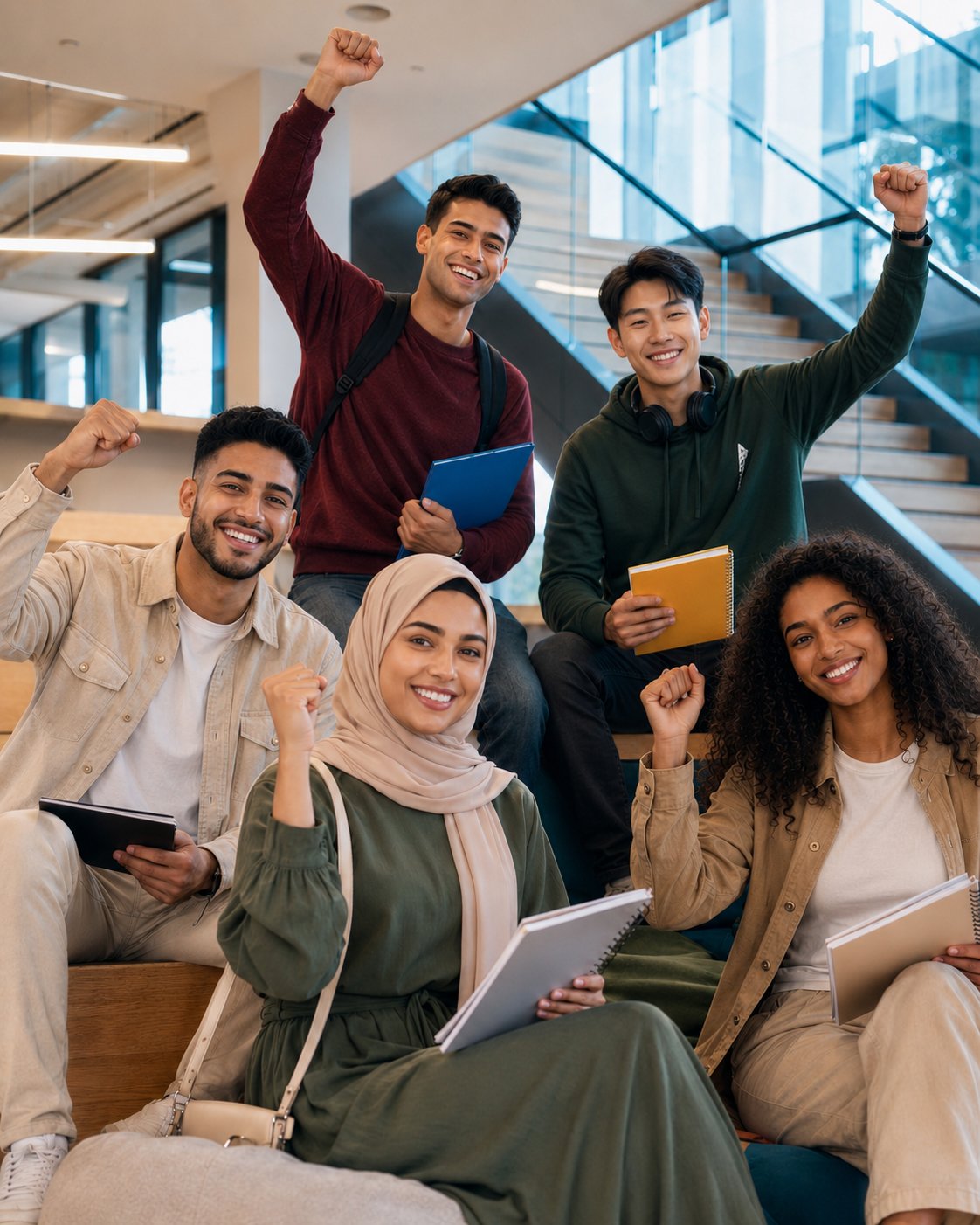 A diverse group of university students celebrating together on campus